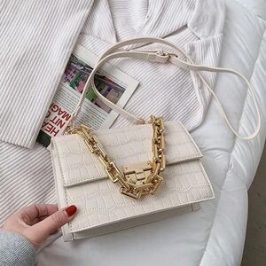Beige Croc Shoulder Bag with gold hardware